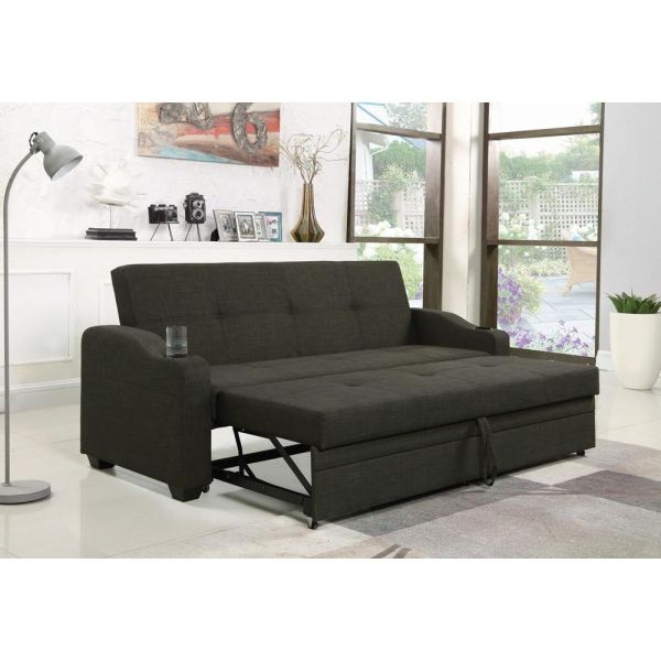 AGATE is a thoughtfully designed 3-Fold Sofa Cum Bed that combines a classic sofa silhouette with an intelligently engineered sleeping mechanism. Its distinctive wide arms feature softly curved profiles and integrated cup-holder details, adding everyday practicality without disturbing the clean, elegant appearance. The deep charcoal upholstery gives Agate a timeless character that works effortlessly with contemporary, transitional, and modern interiors. The generously padded backrest features subtle button detailing, creating a refined tailored appearance while providing comfortable support for relaxed sitting. When additional sleeping space is required, the sofa opens through its three-fold mechanism, extending the seating platform forward into a broad, comfortable bed. The multi-section mattress arrangement and sturdy metal support framework provide practical functionality while the front pull strap makes conversion convenient. Agate is particularly suitable for living rooms, guest rooms, apartments, studio homes, rental properties, and multifunctional spaces where one piece of furniture needs to perform several roles. At DeskSquare Furniture, Agate can be custom manufactured to your exact requirements. Select the dimensions, upholstery, colour, cushioning firmness, mattress thickness, arm design, cup-holder configuration, stitching, and finishing details. Every piece is created with top-notch upholstery craftsmanship, careful construction, practical engineering, and attention to everyday comfort.